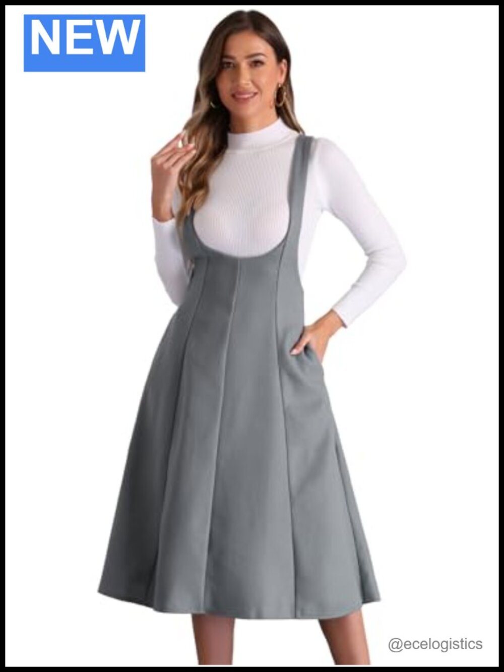 Pinafore Overall Midi Dress Sleeveless A-Line Cross Back Women's